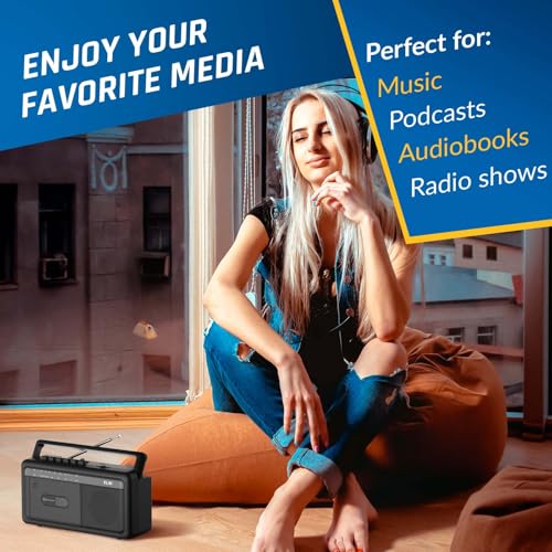 KLIM Portable Cassette Player & Tape Recorder – Boombox with AM/FM Radio, USB, Bluetooth, Speaker, and Earphone Jack – Battery and AC Operated - Black - Image 3