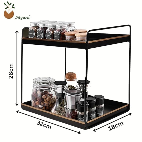Image of Niyara Iron Metal Heavy Duty Stand 2-Tier multistorage /Multipurpose Standing Rack, Bathroom Countertop Storage Shelf Cosmetic Organizer Holder Kitchen Spice Rack, (Square Black with Gold)