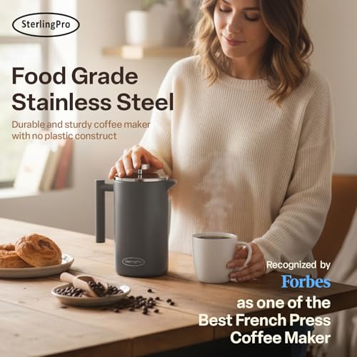 SterlingPro Extra Large Insulated Stainless Steel French Press Coffee Maker 59oz – Insulated Metal XL Double Wall Coffee Maker | Plastic Free | Cool-Touch | Grey Finish | Makes up to 16 Cups / 8 Mugs by SterlingPro - Image 5