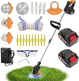 Akku Rasentrimmer & Freischneider, 21V Rasenkantenschneider mit 2 Akkus, 4 Messertypen + 1 Gartenschere, Verstellbarer Teleskop-Führungsholm – für Garten, Rasen, Gehwegkanten