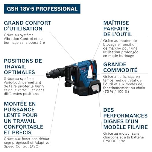 Marteau piqueur sans fil Bosch GSH 18V 5 85 J de force de frappe Moteur sans charbons Léger 53 kg - vue 3
