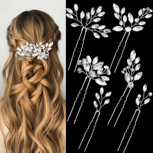 6 Pieces Rhinestone Wedding Hair Pins, Handmade Bridal Hair Styling Pins Headpiece Jewelry for Brides Bridesmaids and Girls(Rhinestone Style)