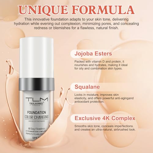 IDUCEN Color Changing Foundation Liquid Base, 2 PACK Flawless Colour Changing Warm Skin Tone Foundation Makeup,BB Cream Makeup Base Concealer Cover Moisturizing Fluid for all Skin Tone SPF15