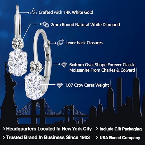 Gem Stone King 14K White Gold Moissanite and White Diamond Leverback Earrings For Women | 1.07 Cttw | Gemstone | Oval 6X4MM, Round 2MM | 3/4 Inch2