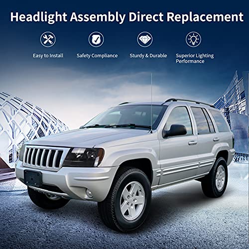 Autosaver88 Headlight Assembly Compatible With 1999 2000 2001 2002 2003 2004 Grand Cherokee Oe Headlamp Black Housing #TOP4