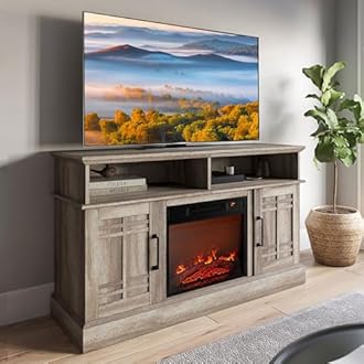 BELLEZE 48" TV Stand with 18" Electric Fireplace Heater, Modern TV Stand for TVs up to 50", Entertainment Media Stand with Open Shelves and Storage Cabinets for Living Room, Bedroom (Ashland Pine)