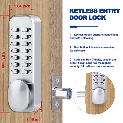 Keyless Entry Door Lock With Keypad Deadbolt, Double Sided Mechanical Keypad Latch Door Lock With Handle, Combination Lock With Keypad Door Knob For Outdoor Gates Fences Windows, Passage Mode, Silver #TOP2