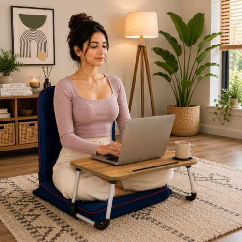 Image of Kawachi Floor Chair with Laptop Table, Foldable Back Support & Portable Study Table Combo, Reading, Work from Home, Meditation & Relaxation Chair (KC32-Blue)