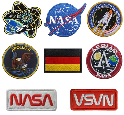 8 Stück NASA und German Flagge Patches 100. Space Shuttle Mission Taktische Abzeichen Stickerei Emblem Hook and Loop Patches für Kleidung Rucksäcke DIY Baseballkappe Mützen Uniform Hosen Weste Biker