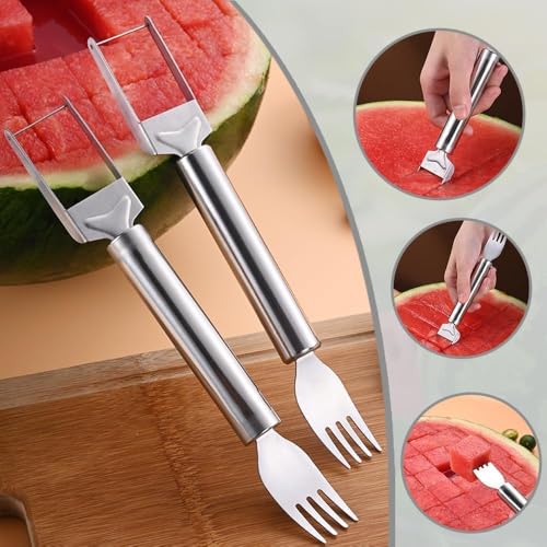 Image of Watermelon Fork Cutter Slicer Tool | 2-in-1 Stainless Steel Fruit Knife | Watermelon Cutting Tool for Home, Outdoor Parties and Family Dinners | Kitchen Gadget (4 Pieces)