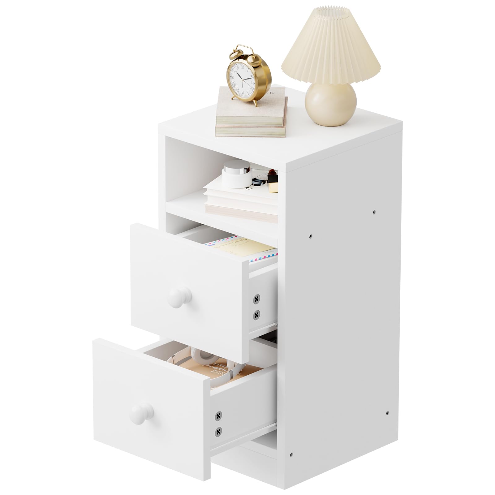 Bonnlo Nachttisch Weiß 2er Set, Kommode mit 2 Schubladen, Konsolentisch Schmal mit offenem Fach, Nachtschrank Boxspringbett aus MDF mit Stauraum für Schlafzimmer, Modern, 25x30x60cm