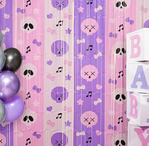 Image of Bupelo Kawaii Birthday Decorations, 2 Pack Purple and Light Pink Birthday Party Supplies 3.3 x 6.6ft Tinsel Foil Fringe Curtains Photo Booth Props Backdrop Streamers, Dark Cute House Room Decor