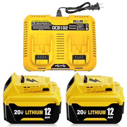 Image of 2 Packs 12000mAh DCB206 Replacement for Dewalt 20V Battery and DCB102 Charger Compatible with Dewalt 20V Max Battery Lithium DCB203 DCB207 DCB200 DCD DCF DCG Series Cordless Power Tools