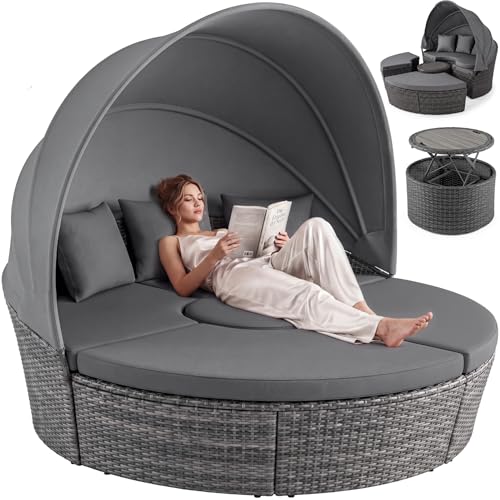 Casaria® Sonnenliege Sonneninsel Wetterfest mit Tisch 185cm Gartenliege 2 Personen Faltbares Sonnendach Relaxliege Gartenmöbel Set Lounge Outdoor Grau