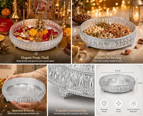 Image of German Silver Decorative Tray with Legs Stand | Round 8 inch Serving & Pooja Thali | Premium Embossed Design | Home Decor & Festive Gift Tray