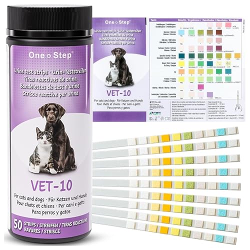 50 Tiras Reactivas Análisis de Orina Veterinario 10 Parámetros: Urobilinógeno, Glucosa, Bilirrubina, Cetona, Gravedad Específica, Sangre, pH, Proteína, Nitrito y Leucocitos