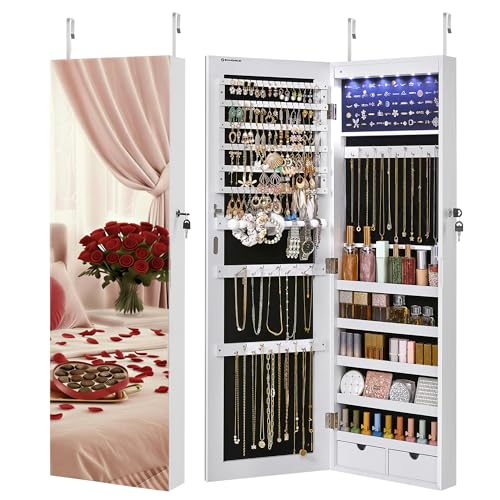 SONGMICS Hanging Jewelry Cabinet, Wall-Mounted Cabinet with LED Interior Lights, Door-Mounted Jewelry Organizer, Full-Length Mirror, Gift Idea, White UJJC99WT