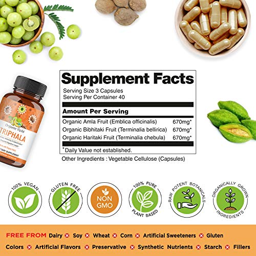 Organic Veda Triphala Capsules, 2000Mg – Premium Ayurvedic Herbal Supplement Made With Organic Herbs Amla, Haritaki, Bibhitaki Fruits For Colon, Digestive & Immune System – 120 Veggie #TOP2