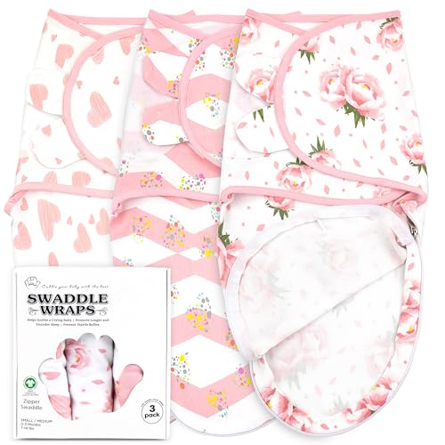 Image of Baby Swaddle Wrap, Easy Change Baby Organic Zipper Blanket Swaddles, 3-Pack Newborn Swaddle Sack, Baby Swaddles Sleep Sack 0-3 Months, Swaddles for Newborns, Nursery Swaddling Blankets, Pink Floral