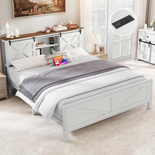 YITAHOME Farmhouse Queen Size Bed Frame with Headboard, Bookcase Storage Shelves, Sliding Barn Door, Charging Station, Rustic Wood Platform Bed, No Box Spring Needed, White