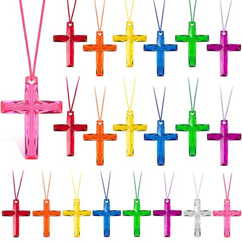 JULMELON Crystal Cross Necklace, 32Pcs Plastic Cross Necklace Colored Christian Necklace Easter Church Gifts Religious Bible Toys for Easter Vacation Activities