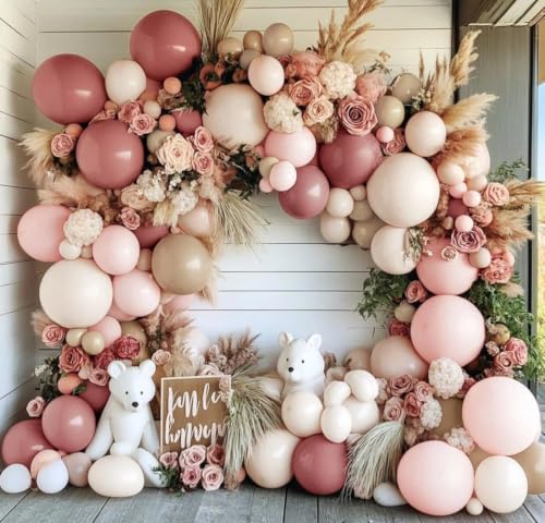 Image of Dusty Pink Balloon Arch, Double Stuffed Blush Nude Brown Balloons Pink Beige Rose Gold Balloon Garland Kit for Boho Neutral Birthday Baby Shower Wedding Bridal Shower Baby in Bloom Party Decor