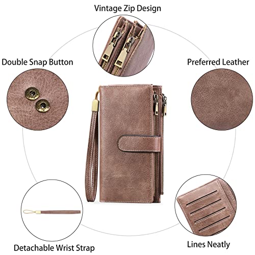 Image of GOIACII Large Wallet for Women Leather Wristlet Dusty Pink | RFID Blocking, Multi-card Slots, Detachable Wrist Strap, Trifold Clutch Purse