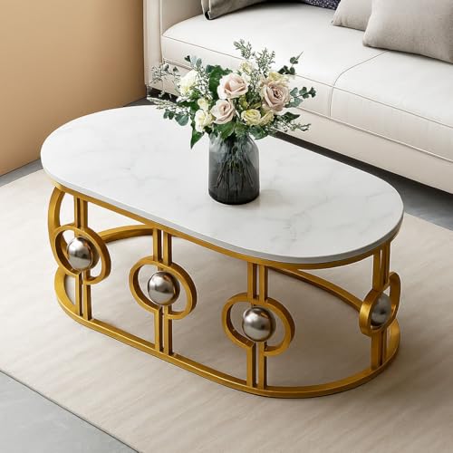 Image of Marble Look Coffee Table, Oval Accent Metal Center Table with Golden Metal Frame Golden White