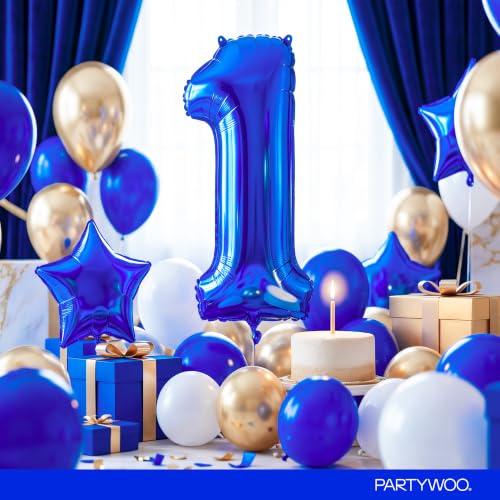 Image of PartyWoo Royal Blue Number 1 Balloon 40 Inch 25pcs Blue Star White Gold