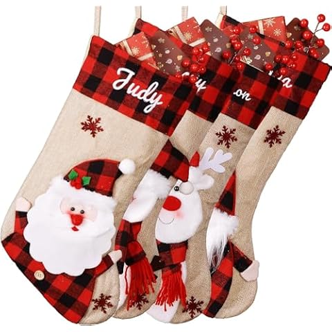 Bemaystar Personalized Christmas Stockings - 18.5'' Embroidery Custom Christmas Stockings with Names, Burlap Plaid Stockings Xmas Decor Gifts for Family Kids Holiday Party, 2-Pack Choose Any Styles Cover