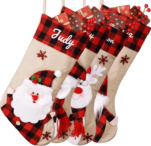 Bemaystar Personalized Christmas Stockings - 18.5'' Embroidery Custom Christmas Stockings with Names, Burlap Plaid Stockings Xmas Decor Gifts for Family Kids Holiday Party, 5-Pack Choose Any Styles