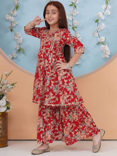 Image of Preneum Girls's Cotton Rayon Gota Pati Floral Printed Angrakha Kurta with Sharara