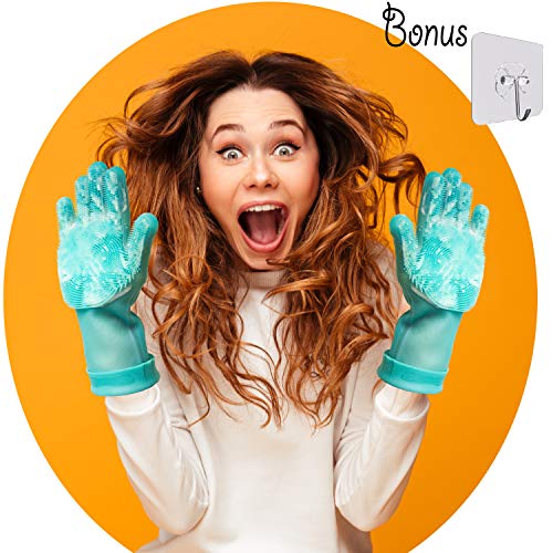 Silicone Cleaning Gloves Set of Magic, Reusable Dishwashing Scrubber – Heat-Resistant, Dishwasher-Safe Bristles for Car Washing, Pet Care, Kitchen and Bathroom Cleaning + Free Hanging Hook (Mint)