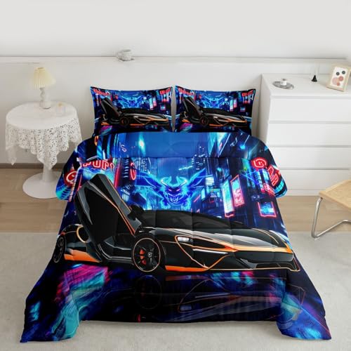Image of Feelyou Race Car Comforter Set - Black Speed Sports Car Bedding for Kids - King Size Boys - 1 Comforter Set with 2 Pillowcases