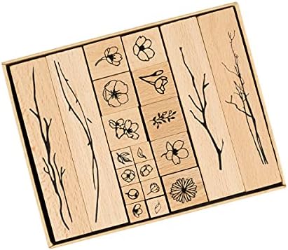 20Pcs Vintage Wooden Mounted Rubber Stamps Plant and Flower Decorative Wood Rubber Stamp Set for Art and DIY Craft Card Letter Making Scrapbooking