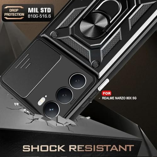 Image of SPAZY CASE Realme Narzo 80x 5G Back Cover | Heavy Duty Hybrid Case with 360 Degree Rotating Finger Ring Holder + Slider Shutter Camera Protection Case for Realme Narzo 80x 5G - Black