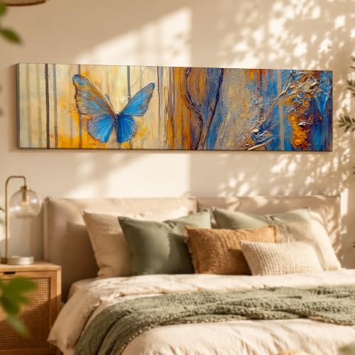 Image of Large Stretched Canvas Painting, Panel Wall Painting Abstract Blue Butterfly Luxury Paintings for Home Decoration, Living room, Bedroom and Office Decor (Blue, 12x46 Inch)