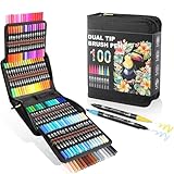 TOSHARE Dual Tip Markers, Brush Art Markers Set with Fine Tip and Brush Tip for Adult Coloring Book, Hand Lettering, Calligraphy & Drawing, Professional Art Supplies Kit for Adults (100 Colors)