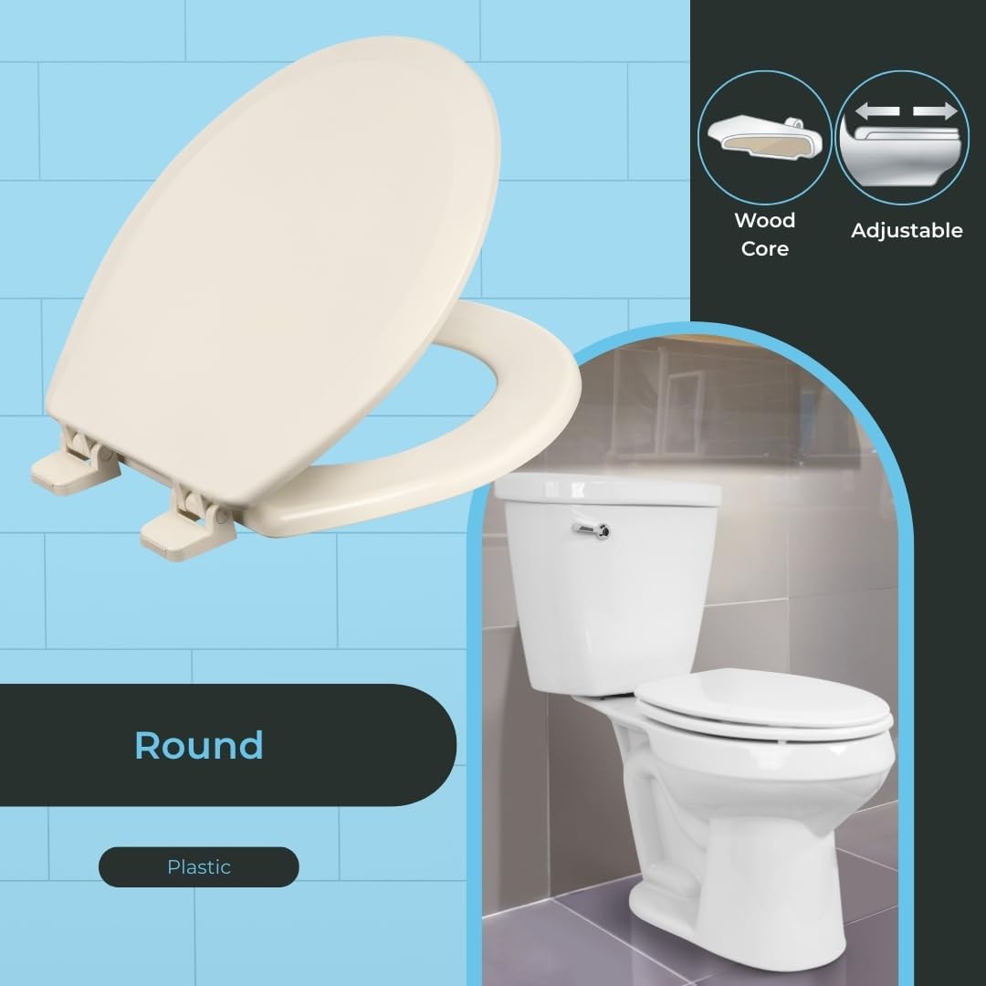 centoco heavy-duty round toilet seat, wood core with scratch-resistant plastic finish, won't crack or fade, residential, made in the usa, 700-416, biscuit biscuit standard round