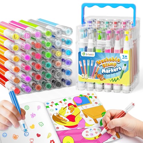 D-FantiX 36 couleurs de marqueurs lavables pour enfants, set de marqueurs de coloriage avec livres de coloriage et support, boîte portable, fournitures de rentrée scolaire pour filles et garçons