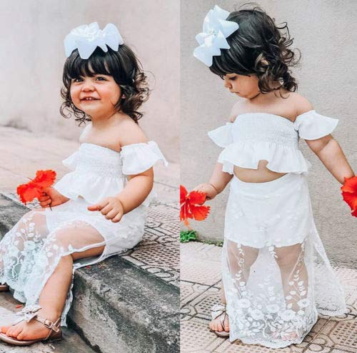 LXXIASHI 2Pcs Toddler Skirt Outfit Baby Girl Flutter Sleeves Off Shoulder Crops Top + Maxi Split Skirt Shorts Clothes Sets (White, 1-2 Years)