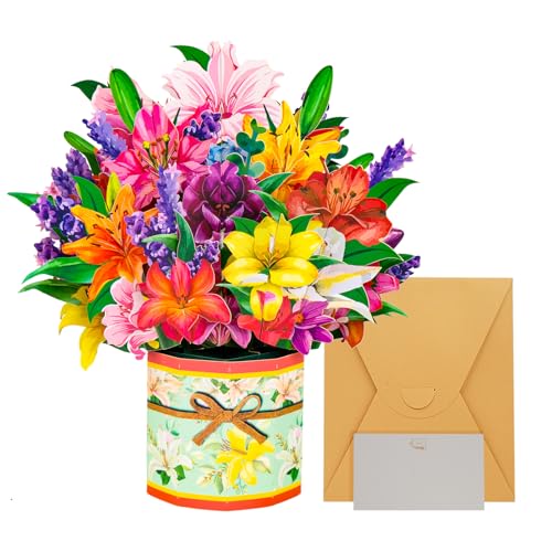 OLOSONG Pop Up Birthday Cards for women, 3D Lilies Flower Bouquet Popup Greeting Card for Mum Wife Sister Ladies, Gifts for Mothers Day, Get Well, Anniversary, Thank You Card, Home ＆ Party Decor