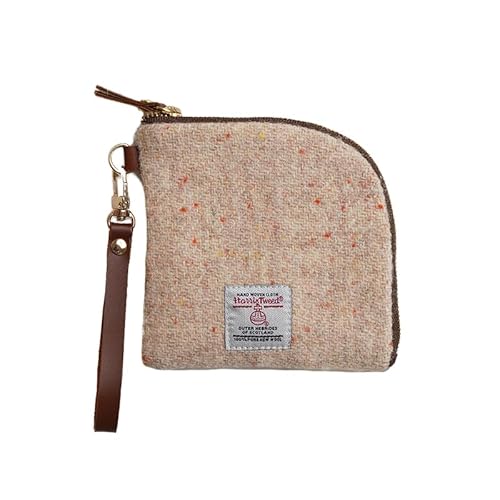 Harris Tweed Porte-monnaie en laine avec fermeture éclair pour homme et femme Fait à la main, beige, Motif à carreaux