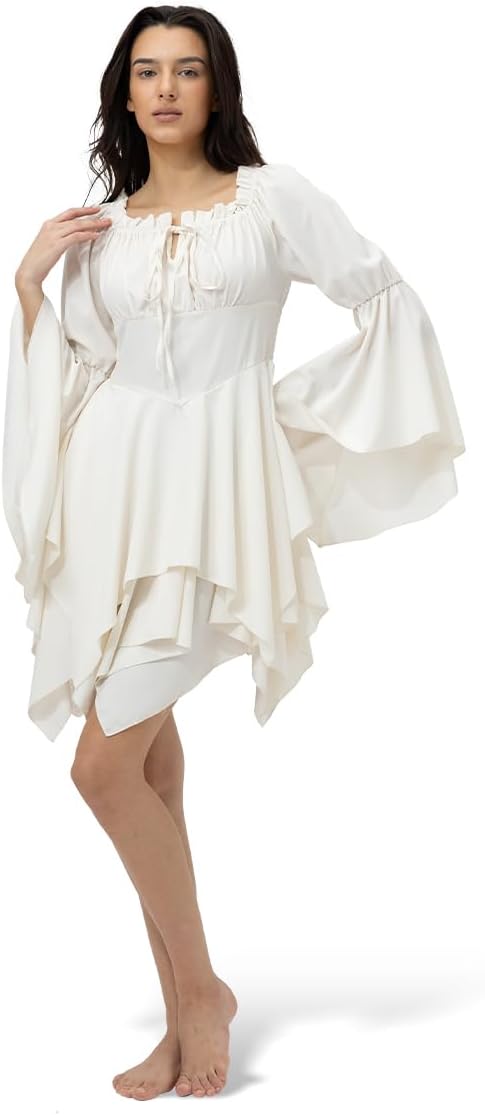 Women's Renaissance Pirate Dress Off Shoulder Bell Sleeve Fairy Dress Corset Waist High Low Hem for Cosplay Festival