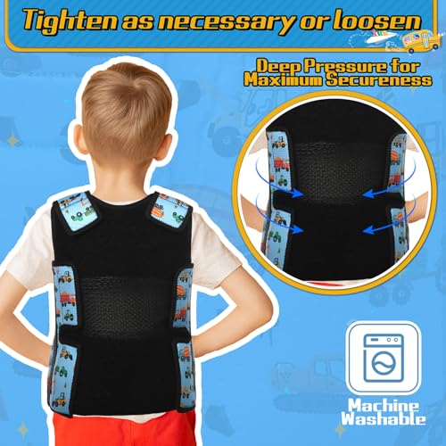 Image of Janmercy Weighted Vest for Kids Ages 2 to 9 Adjustable Neoprene Compression Vest Removable Weights Breathable Comfort Toddler(Truck,Medium,Dark Blue)