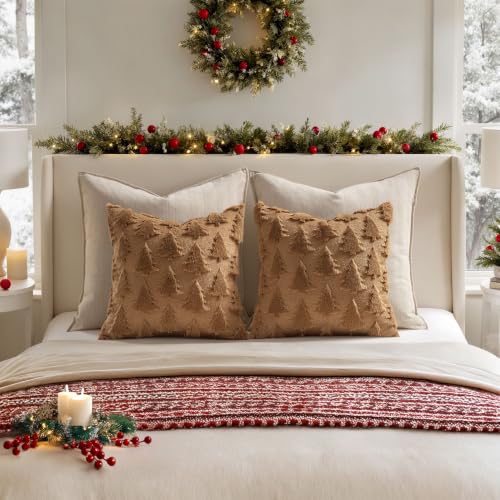 Image of MIULEE Christmas Throw Pillow Covers Brown Christmas Decorations Set of 2 Xmas Tree 18x18 Pillow Covers Soft Plush Faux Wool Pillowcases Holiday Festivals Winter Home Decor Sofa Couch Bed Porch
