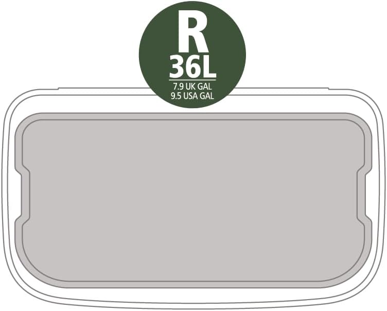 Diagram showing the inner bucket dimensions and capacity of 9.5 US Gallons (36 Liters)