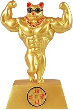 CHALKE Resin Figurine, 9x7x16cm Gold Chinese Lucky Cat Figurine Hand Muscle Arm Decoration 6.3" Home Resin
