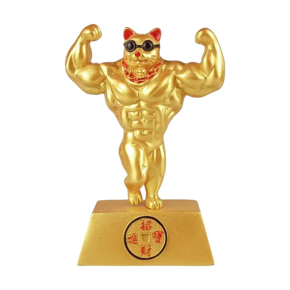 Chat porte-bonheur chinois doré en résine CHALKE 16 cm avec bras musclé pour déco de maison
