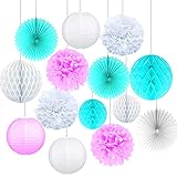 ➤【Con diferentes estilos y colores】Esta decoración de flores de papel incluye 4 tipos de farolillos, pompones, abanicos y bolas de nido de abeja y también está disponible en diferentes colores. El efecto combinado es muy bueno y una opción ideal para una hermosa decoración.